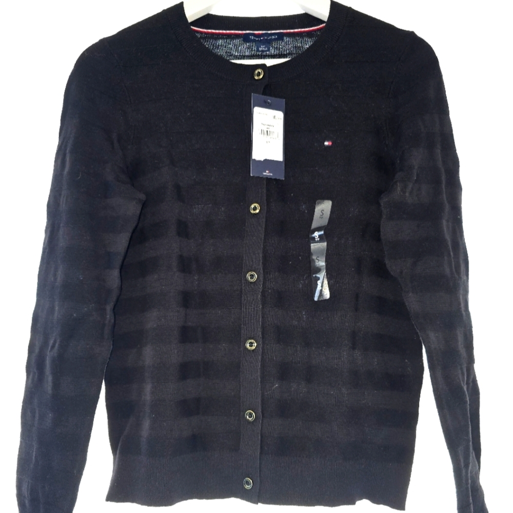 Tommy Hilfiger Black Striped Button-Up Crew Neck Cardigan Small